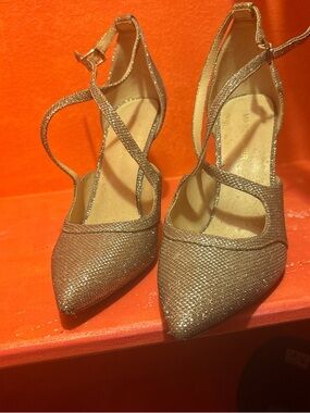 Marc Fisher Metallic Gold Pointed Toe Crisscross Heels